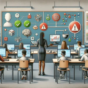 This image captures a modern classroom where a Black female teacher engages with a diverse group of students using AI-driven educational tools. The setting subtly incorporates elements like a green checkmark and red warning sign to denote varying risk levels, alongside symbols of balance, locks, and shields to emphasize thoughtful AI integration and data privacy. The classroom portrays a harmonious fusion of technology and education, highlighting the importance of ethical considerations in AI adoption.