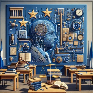 This intricate artwork visually represents the equilibrium between AI risk management and regulatory frameworks within European academic settings. The image seamlessly blends elements of artificial intelligence, such as complex circuit designs and digital interfaces, with traditional academic symbols like books and classroom desks. Alongside these, symbols of rule enforcement, including a judge's gavel and balanced scales, are subtly integrated with European motifs like the EU flag and map. The composition captures the careful balance between surveillance and innovation, reflecting the nuanced regulation of AI technologies in education across Europe.