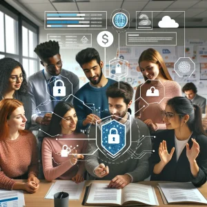 In a modern classroom, a diverse group of educators and students gathers around a digital interface showcasing anonymized data and privacy settings. A Middle-Eastern female educator, a Hispanic male student, a white female student, a Black male data protection expert, and a South Asian female student work together, symbolizing transparency and informed consent. Imagery of secure cloud storage and privacy shields reinforces data protection themes, while subtle patterns of the EU flag in the background highlight adherence to European data laws. The scene embodies trust and a human-centric approach to technology in education.