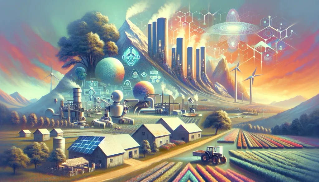 This surrealistic artwork captures the profound societal impact of radical technological innovations. The landscape is a tapestry of transformation, where robotic automation revitalizes local production, advanced healthcare machinery enables home diagnostics, and sustainable energy technologies reshape agriculture. Traditional structures meld with futuristic elements, symbolizing a major shift in societal norms and business strategies. A dreamlike color palette with striking contrasts highlights the visionary nature of this new era, evoking a sense of wonder and potential.