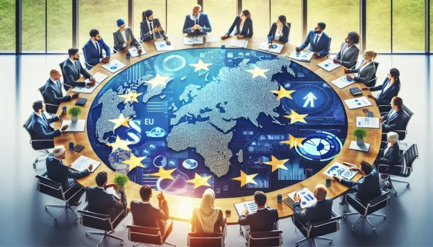This image beautifully captures the essence of sustainability reporting within the European Union, highlighting diversity and inclusivity in the business world. Set in a modern, well-lit office environment, Middle-Eastern and Hispanic professionals in business attire are seen actively engaged in a meeting, examining data, charts, and sustainability reports. The EU's symbols, such as its flag and a map of Europe, are subtly integrated into the scene, symbolizing the commitment to environmental and social governance. This forward-thinking image reflects the collaborative and innovative spirit necessary for adapting to the EU's evolving sustainability directives.