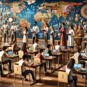 This photorealistic image captures the transformative vision of India's New Education Policy 2020 within a modern classroom. It showcases a diverse group of students from various racial backgrounds, including Caucasian, Hispanic, and Black, engaging in learning activities. Teachers of Middle-Eastern and South Asian descent lead the class, utilizing advanced technology like tablets and smartboards. The classroom subtly integrates India's rich cultural symbols and traditional arts, creating an environment full of life and dynamism. Vocational training tools, research equipment, and materials reflect a global outlook and future readiness, ensuring an inclusive and equitable educational setting.