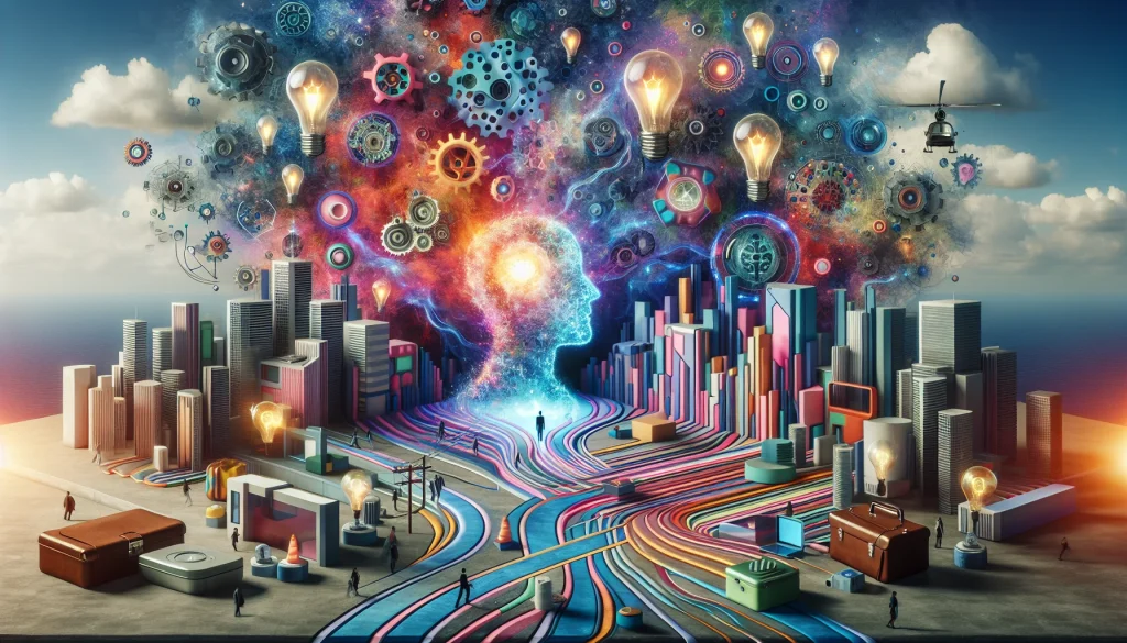 This surrealist image depicts a futuristic landscape where artificial intelligence is envisioned as a luminous, ethereal entity. It interacts with symbolic elements of innovation, like gears, lightbulbs, and avant-garde architecture, all intertwined with vibrant colors and imaginative forms. Traditional symbols such as office buildings and briefcases seamlessly morph into abstract, cutting-edge technology, creating a dreamlike atmosphere that suggests a harmonious blend of AI and radical innovation, reshaping the future.