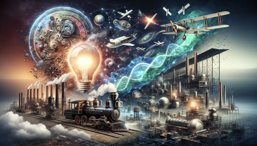 This surrealistic image captures the transformative journey of radical innovations throughout history. A steam engine is seen morphing seamlessly into a modern computer chip, symbolizing the leap from the Industrial Age to the Digital Era. Nearby, a Wright brothers' airplane evolves into a satellite, bridging the early days of flight with the boundless expanse of space exploration. A light bulb delicately twists and stretches into a DNA strand, representing the shift from simple illumination to the complex understanding of life itself. The background is a mesmerizing fusion of industrial factories, futuristic cityscapes, and abstract digital networks, evoking a powerful sense of transformation and the profound impact of pioneering inventions on society.