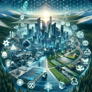 This futuristic image encapsulates Finland's journey towards a technologically advanced and sustainable future from 2018 to 2037. It features a dynamic cityscape where AI robots and automation enhance daily life, while ecological elements like wind turbines and solar panels harmonize with nature. The scene includes sustainable farming and recycled materials, against the backdrop of Finland's iconic landscapes, such as verdant forests and frozen lakes, subtly interwoven with the pattern of the Finnish flag. This image emphasizes the optimism and potential that define Finland's path in social transformation and innovation.