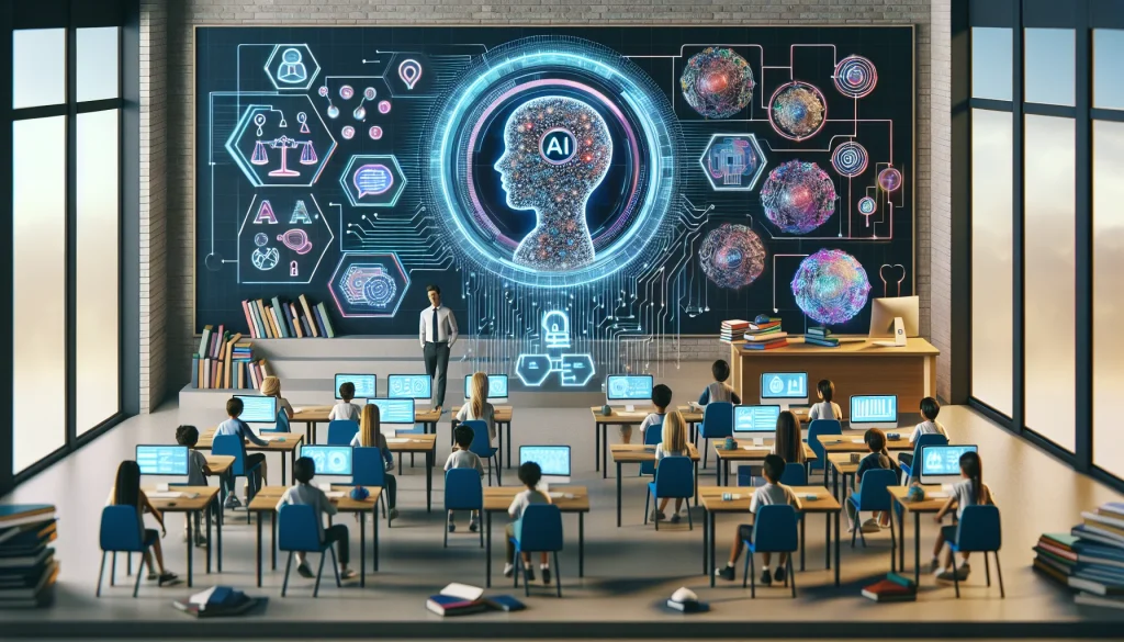 A vibrant illustration of a modern classroom where artificial intelligence transforms education. Students from diverse backgrounds engage with holographic displays showing AI processes like data analysis and machine learning. A teacher guides them using AI-powered learning tools, while symbols of padlocks and scales subtly suggest data privacy and ethical AI. The scene is bathed in a bright palette, emphasizing innovation and the future of education.