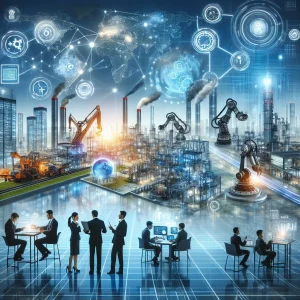 This image captures a visionary urban landscape where technology and AI redefine industries. Robotic assembly lines represent manufacturing advancements, while AI-driven data analytics highlight retail innovations. Sustainable energy solutions underscore the shift towards eco-friendly practices. Professionals of diverse backgrounds engage with high-tech interfaces, symbolizing digitalization, automation, and global collaboration. The scene embodies the dynamic opportunities and challenges of technological progress in a futuristic setting.
