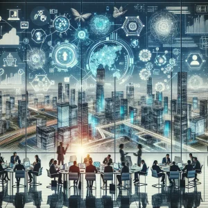 In a high-tech cityscape symbolizing innovation, diverse professionals collaborate in a modern office, surrounded by abstract symbols of data flows and networks. The image reflects interconnected opportunities and transformation in industries like renewable energy, AI, and digital communication, radiating strategic advancement and opportunity.