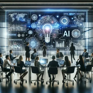 In a contemporary office filled with diverse professionals, teams collaborate around a sprawling ultramodern digital screen. The AI interface, sleek and glossy, displays concept sketches and data visualizations, evoking an ambiance of creativity, cooperation, and progressive innovation. Holographic displays and luminous projections subtly underscore the sophisticated technology driving innovative ideas within the organization.