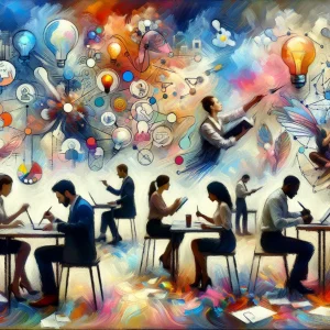 This Impressionist masterpiece depicts the dynamic essence of creativity through a lively scene of diverse individuals. A Caucasian man is deep in brainstorming, a Hispanic woman is engaged in mind mapping, an Asian gentleman is storytelling, and a Black woman is visualizing her ideas. The soft, expressive brushstrokes and vibrant colors convey a sense of innovation, with colorful idea bubbles and abstract figures symbolizing interconnected concepts, inspiring a feeling of transcendence beyond traditional creative boundaries.