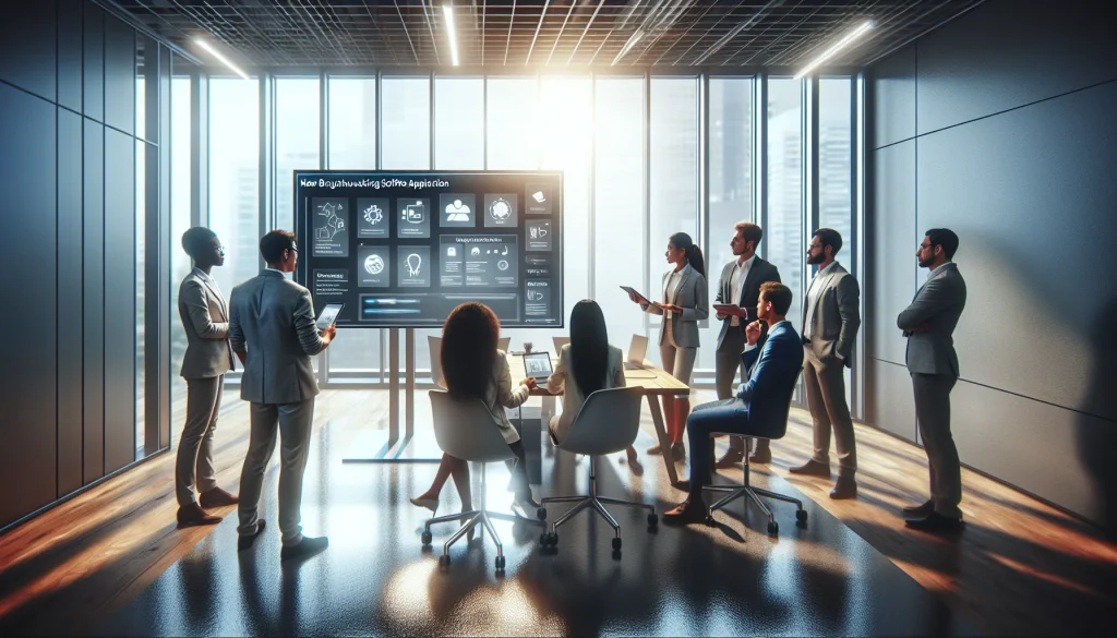 A diverse team of professionals gathers around a digital display in a brightly lit, sunlit office. The group, consisting of an Asian man, a Black woman, a Middle-Eastern woman, a Caucasian man, and a Hispanic man, engages in an active discussion about a new groundbreaking software application interface. The scene embodies focus and teamwork, with individuals utilizing tools like tablets and laptops to enhance their understanding and application of the software in their workflow.