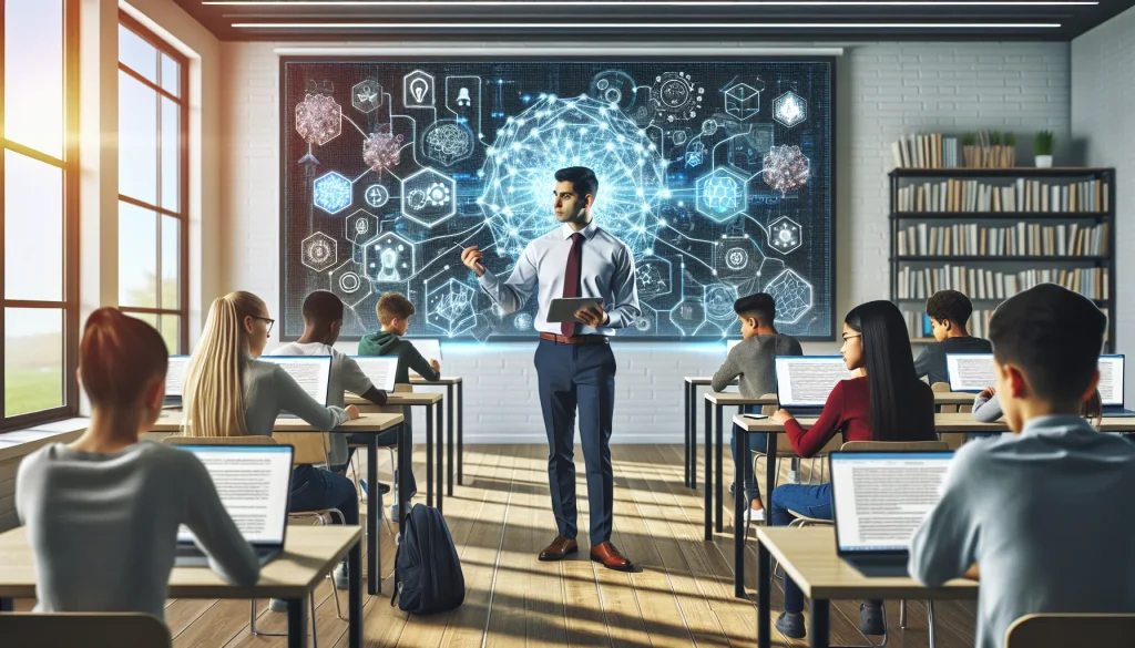 A dynamic classroom scene showcasing a South Asian teacher engaging with a digital AI interface on a smartboard, surrounded by a diverse group of students using tablets and laptops. Elements symbolizing AI, like neural network patterns, are seamlessly integrated into the background, emphasizing the fusion of technology and education. The image captures a bright, collaborative environment reflecting the transformative role of AI in fostering future-ready education.