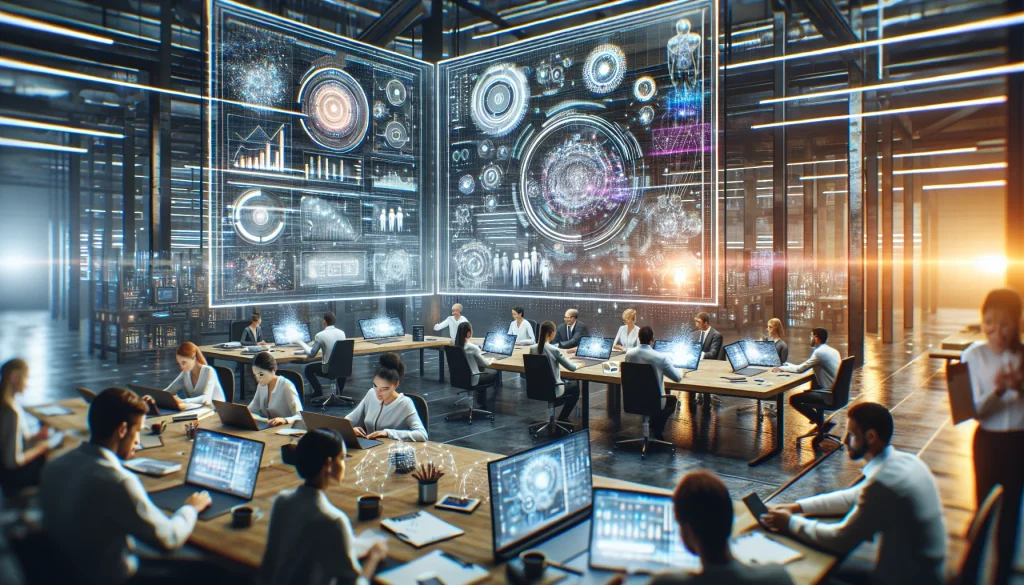This photorealistic image captures a modern-day advanced workshop where a diverse team of skilled individuals engages deeply in collaborative discussions. The workspace is dominated by large digital screens, casting a glow with detailed data charts and AI-driven project blueprints. On the table, an array of devices, including laptops, tablets, and smart gadgets with holographic interfaces, showcase innovative applications. The scene embodies the essence of cutting-edge innovation and forward-thinking propelled by artificial intelligence.
