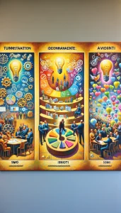 An oil painting visually representing the structured Kolmiomenetelmä method, divided into three sections. 'Tunnistaminen' shows a scene of thoughtful analysis with a SWOT chart, gears, and a magnifying glass. 'Ideointi' illustrates a dynamic brainstorming session with light bulbs, colorful thought bubbles, and diverse individuals exchanging ideas. 'Arviointi' presents a critical evaluation with scales, checklists, and strategic charts. The seamless transitions between sections highlight the strategic journey through identification, ideation, and evaluation in developing radical innovations.