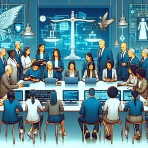 A diverse group of educators gathers around a table, engaged in a thoughtful discussion on the legal and ethical implications of AI in education. The scene, showcasing individuals of various descents and genders, is set against a backdrop of a European map highlighting AI regulations. Learning resources and devices with AI interfaces clutter the table, while symbols of justice and streams of binary code signify the intersection of law and technology. The atmosphere blends modern innovation with traditional educational elements, capturing the complex journey of integrating AI responsibly in schools.