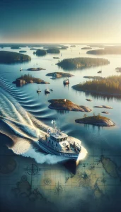 A modern pilot boat glides through Finland's intricate archipelago, symbolizing the fusion of tradition and cutting-edge technology in maritime navigation. The image captures the essence of Finnpilot Pilotage Oy's commitment to safety and expertise, with digital equipment onboard and historical elements like an old nautical map subtly integrated, against a backdrop of Finland's serene yet challenging waterways.