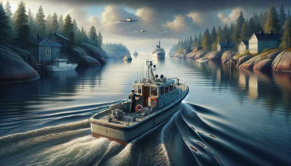 This photorealistic image depicts a Finnish pilot boat skillfully steering through a narrow archipelago passage, representing the intricate balance of tradition and modernity in Finnish maritime pilotage legislation. A uniformed maritime pilot attentively surveys the waters, surrounded by cutting-edge navigational equipment, embodying the commitment to safety and environmental preservation. Additional ships in the background illustrate the integration of domestic and foreign laws. The scene highlights the vital role of pilotage in maintaining secure and efficient waterways, with a nod to its deep-rooted heritage and digital advancements.