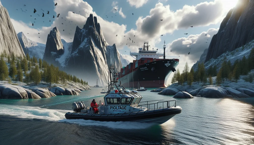 A photorealistic depiction of maritime safety in a cold northern country, showcasing a specialized pilot boat guiding a large cargo ship through narrow, challenging waters. The distinctive pilot boat, marked with the insignia of a fictional pilotage company, symbolizes the crucial role of skilled pilots in ensuring safe passage. The backdrop features rocky islands and lush greenery under a partly cloudy sky, emphasizing the environmental significance and expertise required in these treacherous waters.