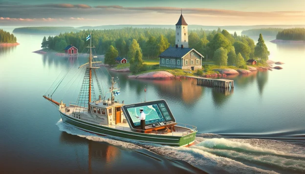 This photorealistic image captures the evolution of Finnish pilotage, seamlessly blending tradition with modern technology. A classic Finnish pilot boat glides across calm waters, encircled by lush green landscapes. Inside, the pilot utilizes advanced digital tools, such as an electronic chart, to guide the vessel, symbolizing the digital transformation in maritime navigation. In the background, a timeless lighthouse stands, echoing Finland's rich maritime heritage. The scene embodies the harmonious fusion of historical roots and innovative progress in ensuring maritime safety.