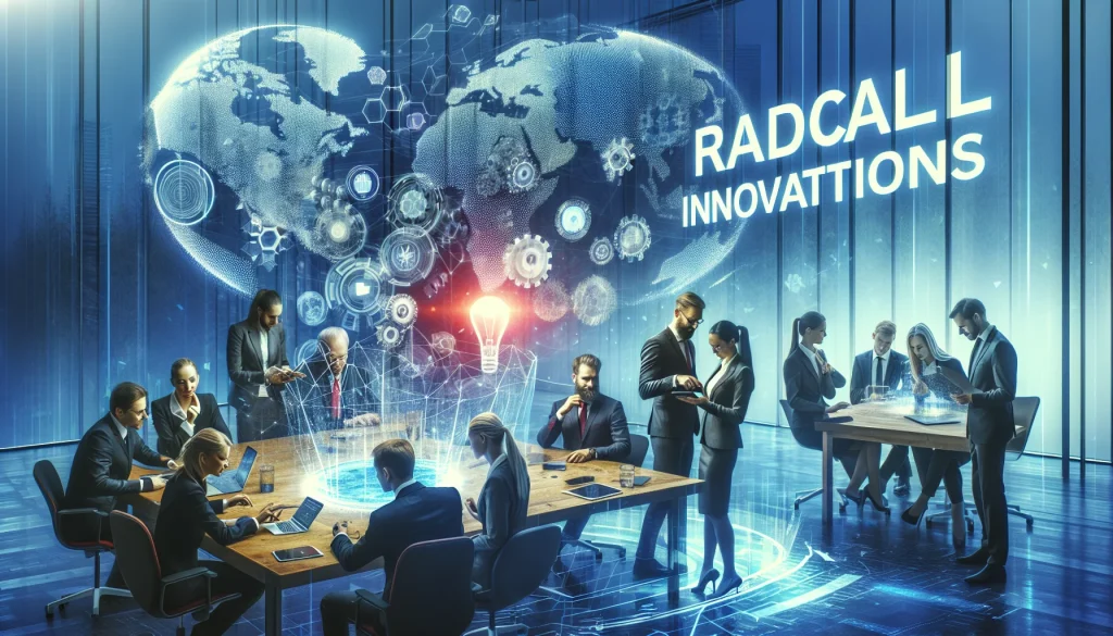 The image depicts a cutting-edge business environment in Finland, showcasing the country's leadership in radical innovations. A diverse group of professionals from various descents, including Caucasian, Hispanic, and South Asian, collaborate in a futuristic office space, surrounded by advanced digital interfaces and innovative devices. The scene embodies courage and open-mindedness, highlighting Finland's potential to shape global business opportunities through strategic innovation.