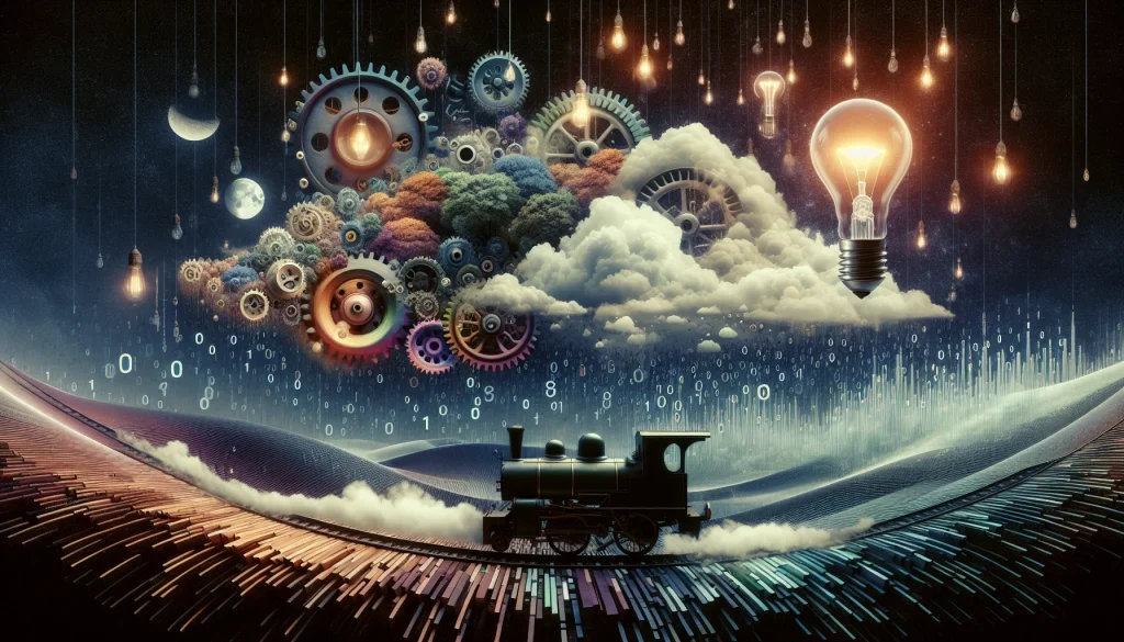 This image captures a dreamscape where cogs morph into clouds, light bulbs form a forest, and streams of binary code flow like water. Classical and modern elements blend, featuring a steam locomotive and a levitating spaceship, symbolizing boundless potential and revolutionary change.