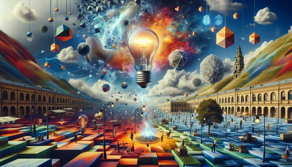 This surrealistic image captures a fantastical landscape where a classic market square undergoes a radical transformation into a futuristic hub of innovation. Floating geometric shapes and unusual structures redefine the space, while a giant light bulb hovers in the sky, symbolizing a groundbreaking idea. A tree, with branches morphing into futuristic gadgets, signifies the growth and evolution of new concepts. Vibrant and contrasting colors highlight the high uncertainty and potential rewards of radical innovations, creating a dreamlike fusion of nature and technology that embodies significant, paradigm-shifting change.