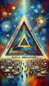 This oil painting, 'Triangular Symphony of Innovation,' showcases the 'Triangular Method of Radical Innovations' through a central abstract triangle. Each corner represents a phase: 'Inspiration' bursts with dynamic reds and flowing lines, 'Ideation' radiates with vibrant greens and swirling patterns, and 'Feasibility' grounds the composition in cool blues and structured forms. Surrounding the triangle, figures engage with futuristic technology like holographic displays, embodying a collaborative spirit. The rich textures and vivid colors evoke the exhilaration of pioneering ideas and the harmonious blend of creativity and technology.