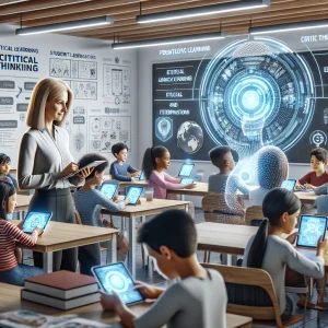 A photorealistic depiction of a modern educational setting where a Caucasian female teacher utilizes a holographic AI interface for lesson planning and student feedback analysis. In the background, a diverse group of students, including South Asian boys, Hispanic girls, and a Middle-Eastern boy, engage in personalized learning through advanced tablets and virtual reality headsets. The scene exudes innovation and collaboration, with ethical AI use and critical thinking highlighted by a wall poster, showcasing the strategic integration of AI in education.