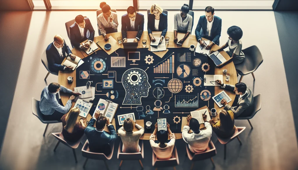 A diverse group of educators and administrators, representing various descents, gather around a table filled with laptops, digital gadgets, and planning documents. They are engaged in a rigorous planning session focused on integrating artificial intelligence within educational institutions. The setting is modern and sophisticated, with subtle AI icons and digital interfaces highlighting the technological aspects of their discussion. The image conveys a professional and inclusive atmosphere, emphasizing a multi-dimensional approach to strategic, teaching, and technical development.