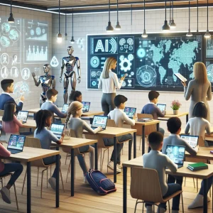 In this photorealistic image, a modern classroom is depicted where students of various racial backgrounds and genders engage with advanced AI technologies. The scene highlights a Caucasian female teacher assisting a Middle-Eastern male student using AI-enhanced learning tools. Other students interact with smart boards displaying data analytics and utilize tablets featuring AI-guided educational apps. This setting emphasizes the harmonious collaboration between humans and AI in education, showcasing a joint and futuristic approach to learning.