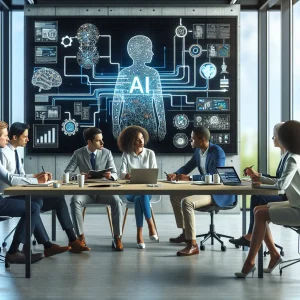 A photorealistic image captures a modern educational institution's dynamic planning process for AI integration. In a bright, contemporary meeting room, a diverse team comprising a Caucasian male educator, a Hispanic female student, a Black male IT professional, and a Middle-Eastern female educator engage in an intense discussion. The large digital screen displays detailed diagrams and flowcharts outlining AI implementation stages. Laptops, tablets, and scattered notepads filled with brainstorming notes contribute to the focused and innovative atmosphere, highlighting the meticulous planning and strategic mindset necessary for adopting AI in education.