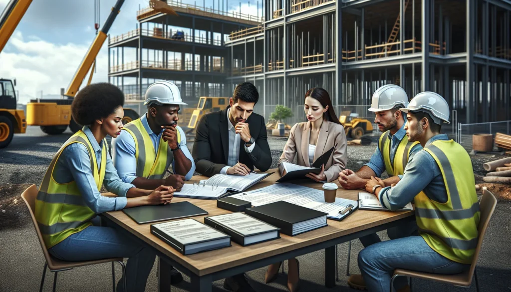 A diverse group of construction professionals engages in a critical meeting at a bustling construction site, highlighting the significance of safety documentation and teamwork. The scene features a Caucasian female project manager, a Black male safety coordinator, a Middle-Eastern female worker, and a Hispanic male worker gathered around a table filled with contracts and safety reports, set against the backdrop of active machinery and safety signage. Their focused discussions emphasize the collaborative effort essential for maintaining a safe and efficient workplace.