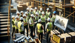 At a bustling construction site, a diverse team of skilled workers engages in a focused discussion over blueprints, donning safety helmets and fluorescent vests. Surrounded by formidable safety barriers and clear advisories, this photorealistic portrayal highlights the essential commitment to safety in the construction industry, emphasizing the power of teamwork across cultures in creating secure environments.