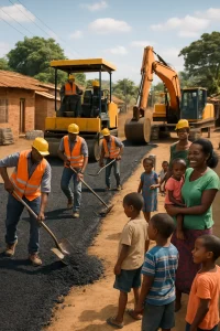 A dynamic snapshot of progress, capturing dedicated workers breaking ground on a vital infrastructure project in a developing country. The scene is filled with modern machinery and vibrant activity, while nearby families and children play, symbolizing the hopeful future brought by improved access to essential services. This image embodies the spirit of collaboration, growth, and the transformative power of infrastructure in uplifting communities.