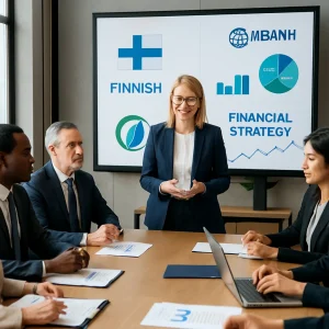 In a sleek, modern conference room, Finnish development project leaders and international financial institution representatives converge to strategize sustainable development. The atmosphere buzzes with collaboration, showcasing diverse participants engaged in dynamic discussions. Charts and graphs on a presentation screen highlight financial strategies, while laptops and documents signify a vibrant working environment.