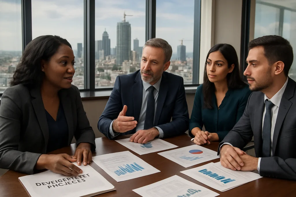 This photorealistic image captures the vibrant energy of a modern office environment where diverse professionals engage in dynamic discussions about funding development projects. Around a sleek conference table, men and women of various ethnicities analyze financial documents and growth charts, embodying collaboration and innovation. In the backdrop, the skyline of a developing city glimmers, symbolizing the potential for economic growth fueled by the strategic efforts of development finance institutions (DFIs).