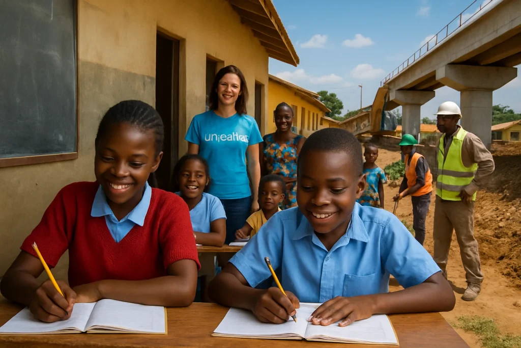 This powerful image encapsulates the essence of international collaboration for development, portraying a vibrant scene where diverse children thrive in newly-built classrooms, reflecting successful education funding. In the background, construction workers enhance infrastructure, symbolizing progress made possible by the African Development Bank. Meanwhile, joyful children engage in emergency education programs facilitated by UNICEF within a lively community setting, underscoring the unity and hope fostered by these global initiatives. Together, they represent a bright future for low-income countries.