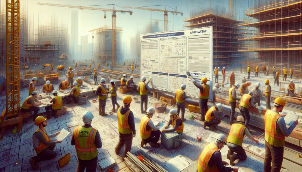 In this vibrant scene, a diverse group of construction workers embodies collaboration and safety on a bustling construction site. Men and women from various backgrounds engage in thoughtful discussions over contract documents, showcasing a commitment to transparency and teamwork. Adorned in bright safety gear—helmets, harnesses, and vests—they navigate the busy environment with purpose. Behind them, a half-finished structure rises, symbolizing progress and collective effort. The backdrop is enriched by visible safety posters and clear signage, reinforcing a culture of safety and organization, while celebrating the beautiful diversity of the workforce.