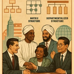 Delve into the rich tapestry of 'Team Structure Development' in this vintage-style illustration. It artfully combines a flat organizational chart, a matrix structure diagram, and a departmentalized layout, all intricately woven together by visuals of diverse local leaders working synergistically. This dynamic scene celebrates cultural integration, surrounded by iconic American business symbols, all rendered in a warm retro color palette that evokes tradition and growth in the global market.