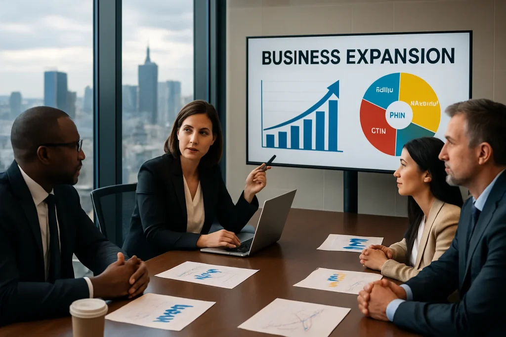 In a dynamic office space overlooking a stunning city skyline, a diverse group of business professionals engages in a strategic meeting. They analyze vibrant charts and graphs displayed on a large screen, representing their plans for expanding into new markets. The atmosphere radiates collaboration and determination, embodying the essence of effective sales, innovative marketing, and strong customer relationship management as they collectively chart new horizons.