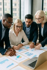 In a vibrant modern office bathed in natural light, a diverse team of business professionals huddles around a large table strewn with documents, charts, and a laptop. Engaged in a spirited discussion, they analyze financial projections and collaborate on a comprehensive budgeting strategy aimed at successfully entering the U.S. market. The atmosphere is charged with focus and teamwork, as each member contributes unique insights towards achieving the company's ambitious growth and sustainability goals.