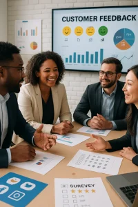 A vibrant scene capturing a diverse group of professionals animatedly discussing strategies at a conference table, filled with charts and feedback forms. The backdrop features a digital screen showcasing customer feedback analytics, complemented by representations of various communication channels like social media icons and survey forms. This dynamic setting embodies the essence of collaboration and strategic planning, highlighting the critical role of customer feedback in shaping business success.
