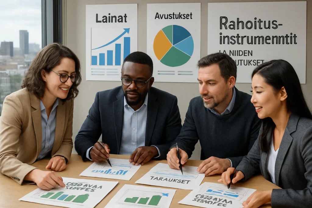 In a modern office bustling with ideas, a diverse group of professionals engage in a dynamic collaboration on a financial development project. Surrounded by vibrant charts and graphs, they analyze 'Lainat,' 'Avustukset,' 'Takaukset,' and 'Kestävä Kehitys'—each document representing vital funding instruments. Through the large window, the cityscape serves as a backdrop, symbolizing the impact of their efforts on sustainable investments.