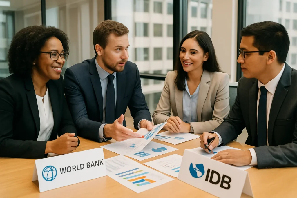A dynamic meeting scene featuring a diverse group of representatives from leading development finance institutions engaged in collaborative discussions. Surrounded by charts and financial documents, the modern and well-lit room reflects an atmosphere of professionalism and innovation, underscoring the vital role of partnership and co-financing in driving sustainable development initiatives.