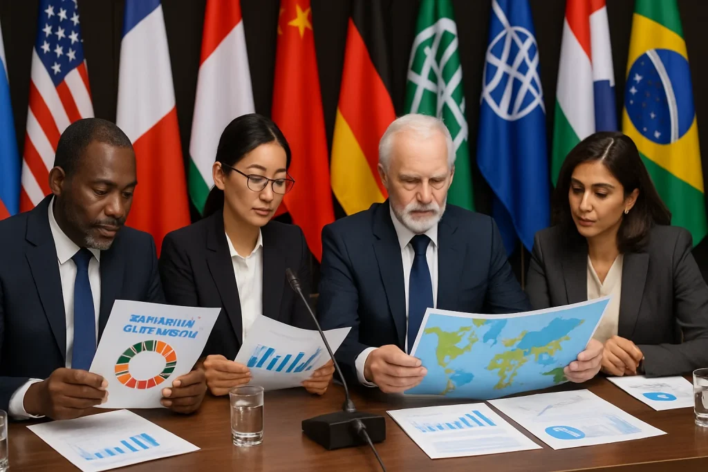 A formal gathering of global leaders from diverse backgrounds engaged in intense discussions, surrounded by an array of international flags. They review critical documents and maps, symbolizing their commitment to global agreements and norms. Elements representing sustainable development goals and financing strategies are visible, highlighting the collective effort to address future challenges in international development partnerships.