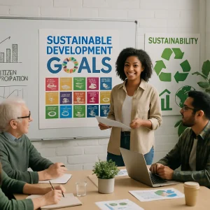 This vibrant image captures a diverse assembly of individuals deeply engaged in a sustainable development workshop. Set within an innovative classroom adorned with lush greenery, participants collaborate on actionable strategies while surrounded by visual representations of the United Nations Sustainable Development Goals. Charts and infographics illustrate vital concepts, emphasizing the role of citizen participation in fostering environmental awareness and sustainable practices.