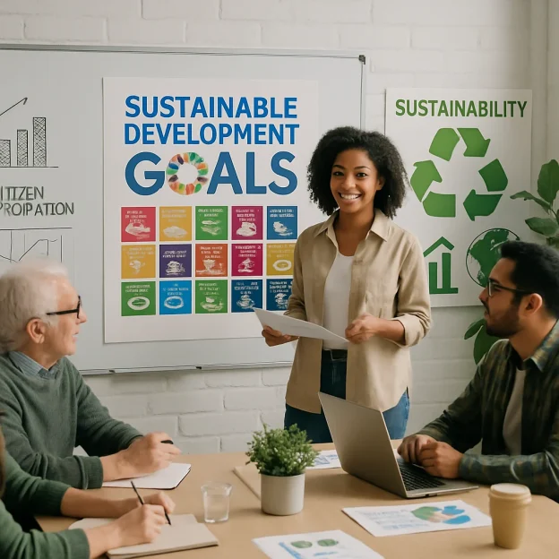 This vibrant image captures a diverse assembly of individuals deeply engaged in a sustainable development workshop. Set within an innovative classroom adorned with lush greenery, participants collaborate on actionable strategies while surrounded by visual representations of the United Nations Sustainable Development Goals. Charts and infographics illustrate vital concepts, emphasizing the role of citizen participation in fostering environmental awareness and sustainable practices.