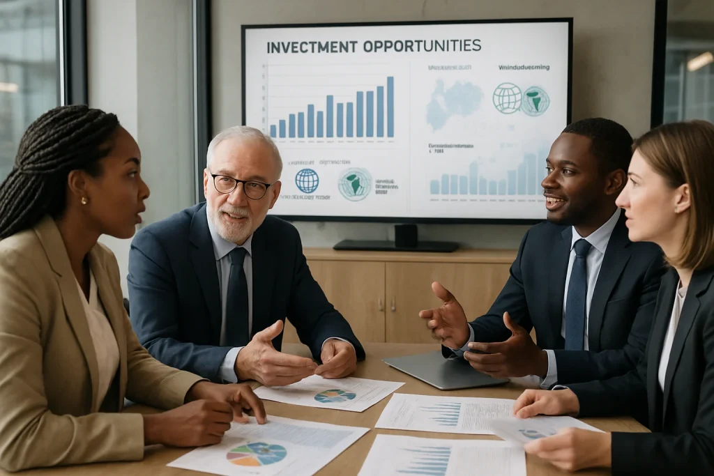 In a sleek, modern office, a diverse group of professionals engages in a vibrant discussion about investment strategies. The atmosphere buzzes with innovation as they explore detailed graphs and maps, scattered alongside financial documents from development finance institutions like the World Bank and African Development Bank. This scene encapsulates the essence of collaboration, showcasing how investments can drive sustainable growth in local economies and make a lasting impact on communities.