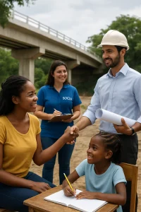 In this vibrant image, a diverse group of individuals collaborates passionately, embodying hope and resilience in the fight against poverty. From engaging in educational initiatives to participating in community development programs and infrastructure projects, each figure symbolizes the transformative power of development finance. This visual narrative highlights successful case studies and the impactful role of institutions like the World Bank and IDB in fostering sustainable growth and poverty alleviation.
