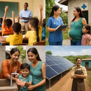 This striking visual narrative captures the vibrant essence of successful sustainable development initiatives funded by global institutions. The image features children engaged in dynamic classroom settings, symbolizing the transformative power of education. It highlights healthcare workers delivering vital services, families benefiting from clean water and sanitation, and rural communities harnessing renewable energy through solar panels. Interspersed are thriving small businesses that foster economic development, all woven together to embody hope, community resilience, and the profound impact of sustainability on lives across the globe.